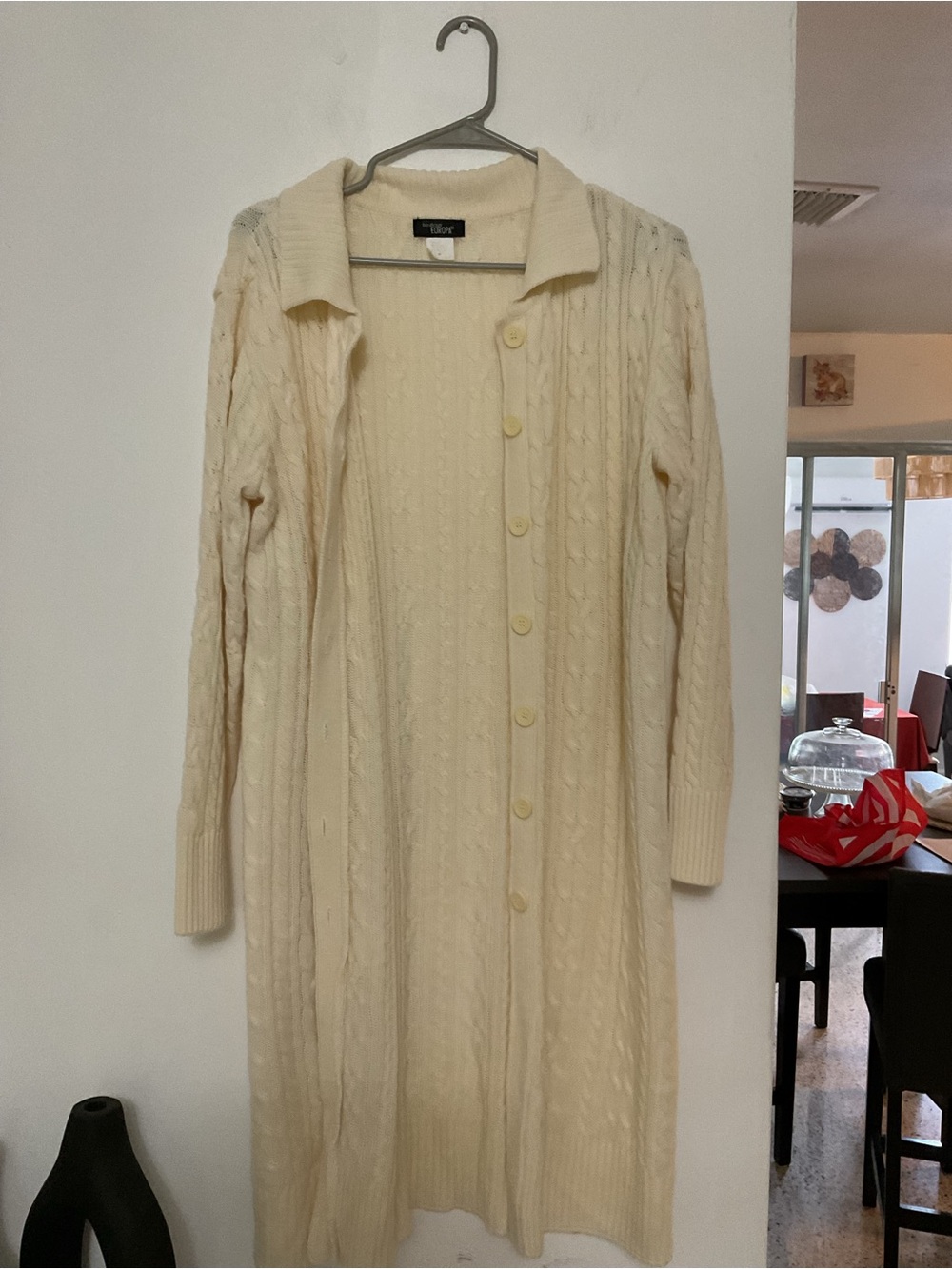 Boutique Europa Long Cream Cable-Knit Button-Front Sweater Cardigan